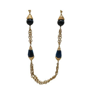 Runway Couture Blue Black Acrylic Bead Metal Chain Necklace Gold Tone Vintage
